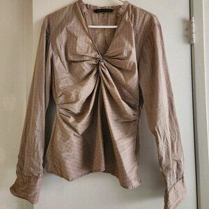 ZARA Blouse Pleated Long Sleeve Plaid Grid Taupe Mauve